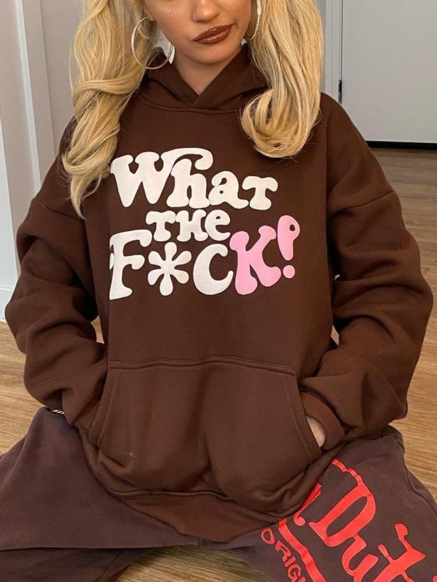 

LW Letter Print Oversized Hoodie, Brown