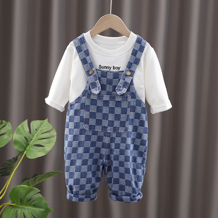 

LW COTTON Boy Plaid Print Overall Pants Set, White