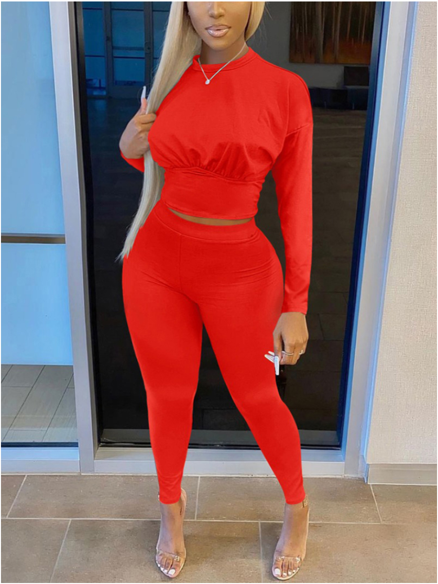 

LW BASICS Plus Size Round Neck Skinny Pants Set, Red