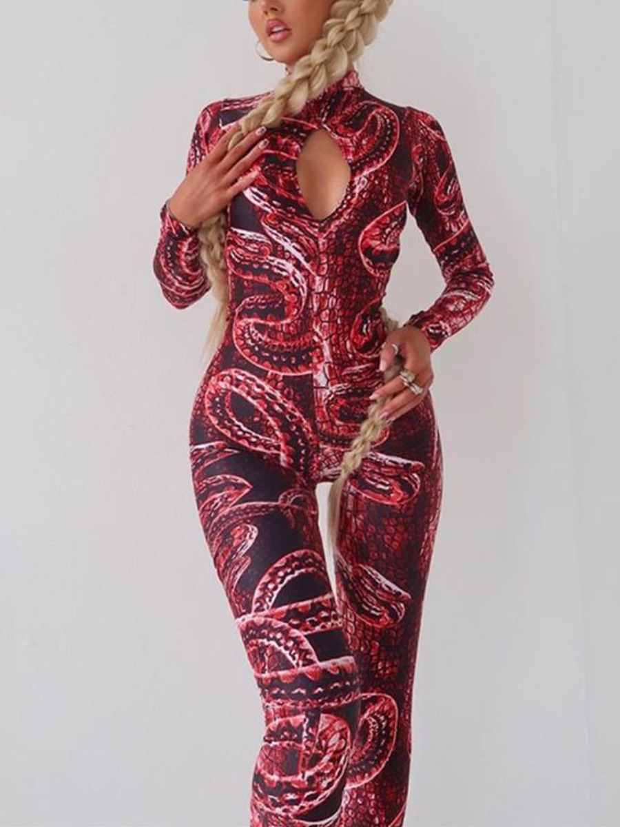 

LW Snake Print Backless Hollow-out Jumpsuit, Rose red