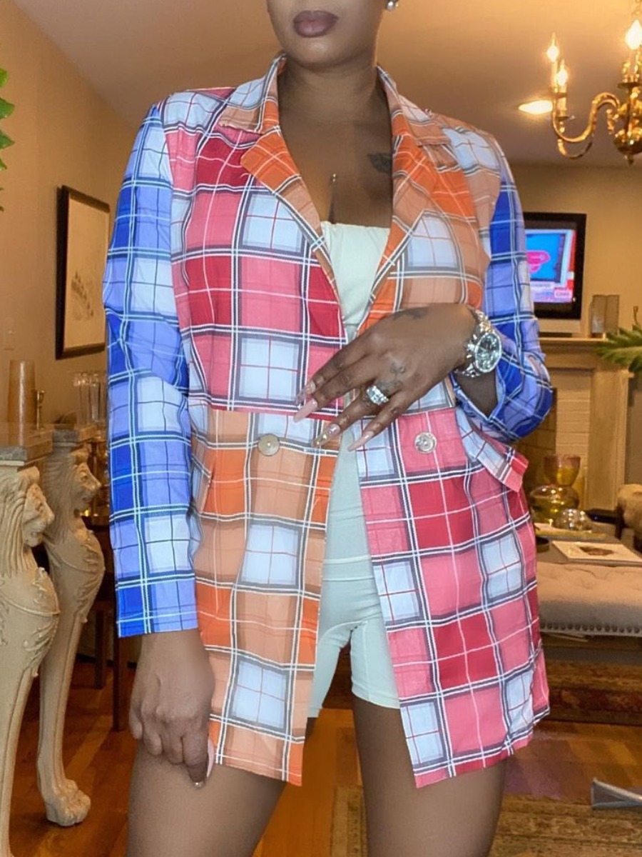 

LW Plaid Print Button Design Blazer, Multicolor lattices