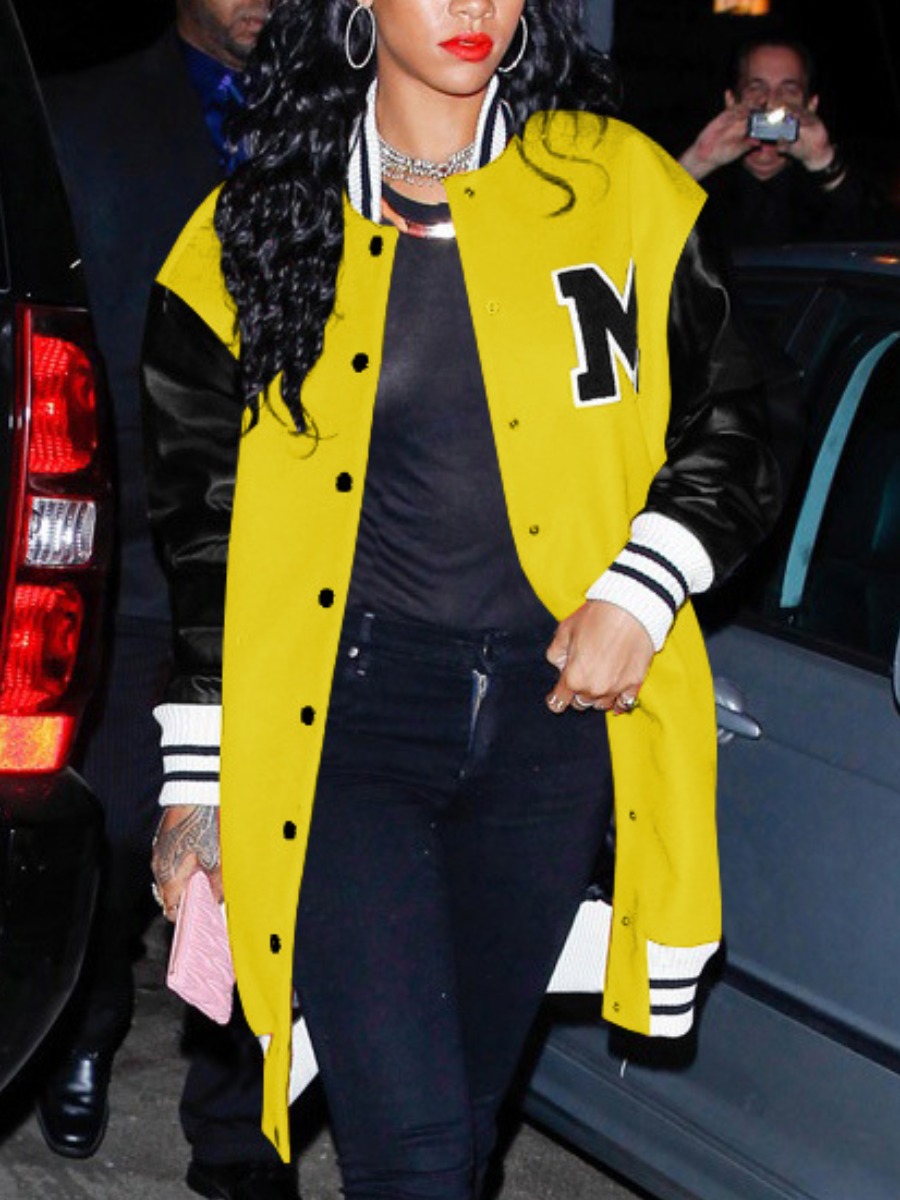 

LW Letter Decoration Striped Coat, Yellow