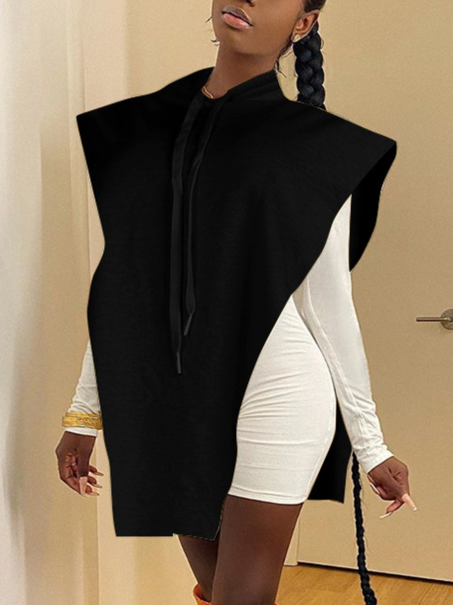 

LW Hooded Collar Split Hoodie, Black