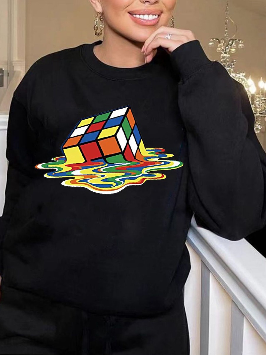 

LW Round Neck Dice Print Hoodie, Black