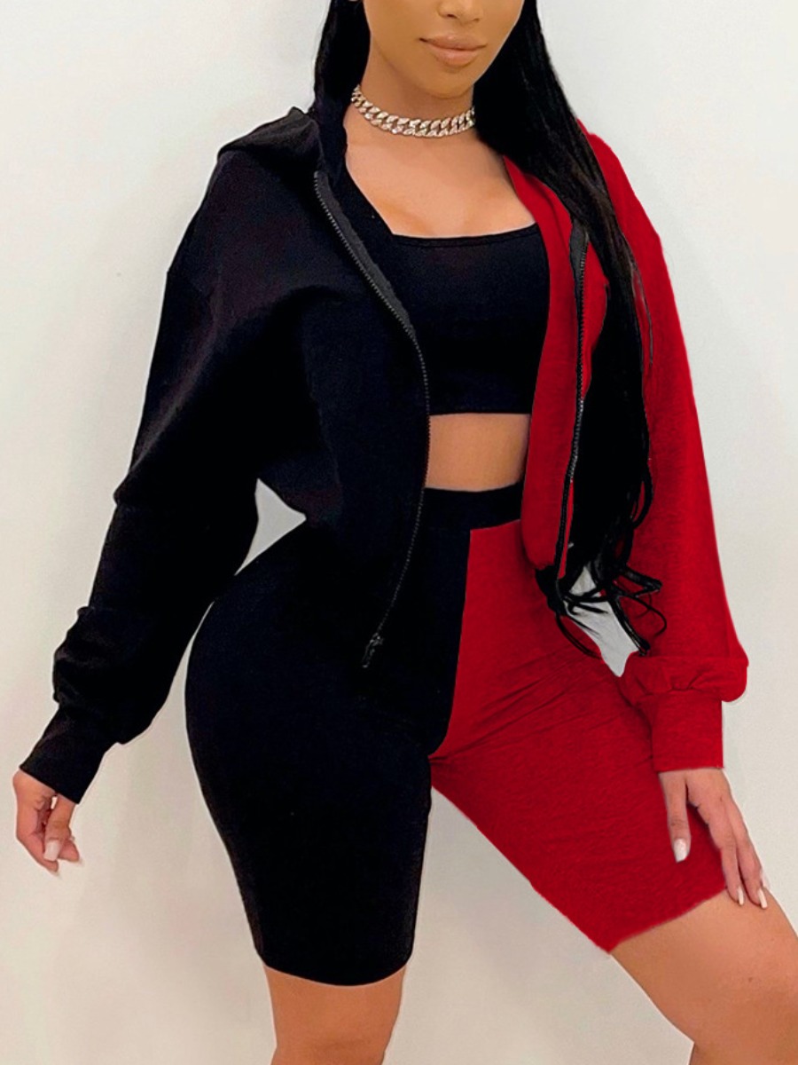 

LW Color-lump Zipper Design Three Piece Shorts Set, Red