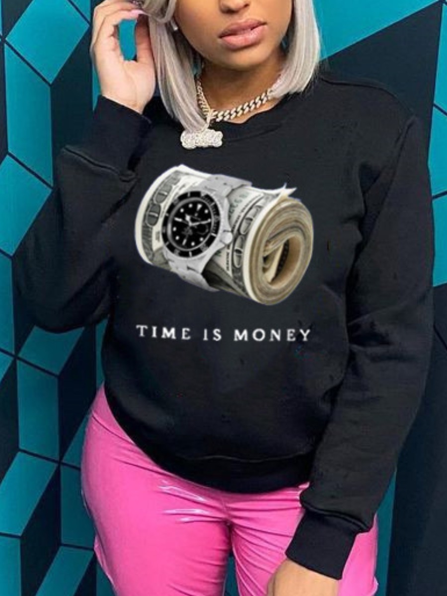 

LW Money Letter Print Hoodie, Black