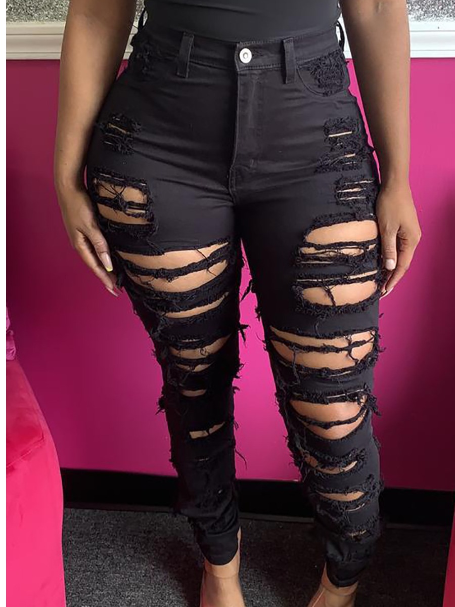 

LW High-waisted Ripped Jeans, Black