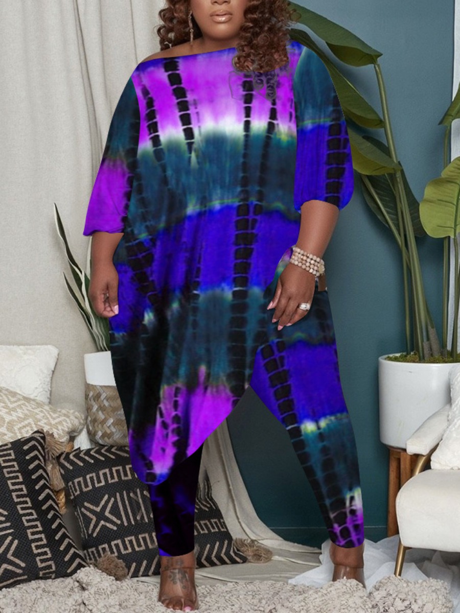 

LW Plus Size Tie-dye Asymmetrical Pants Set, Purple