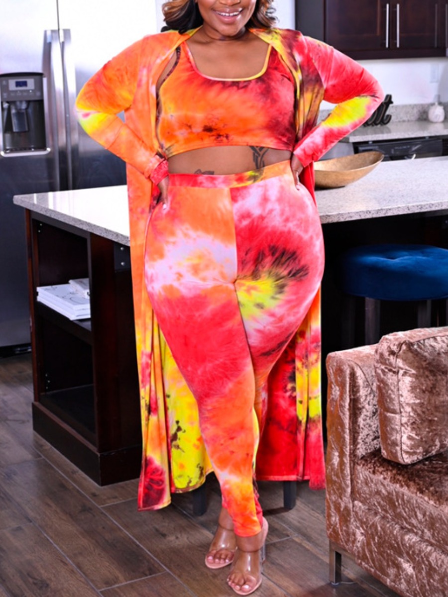 

LW Plus Size U Neck Tie-dye Three-piece Pants Set, Red