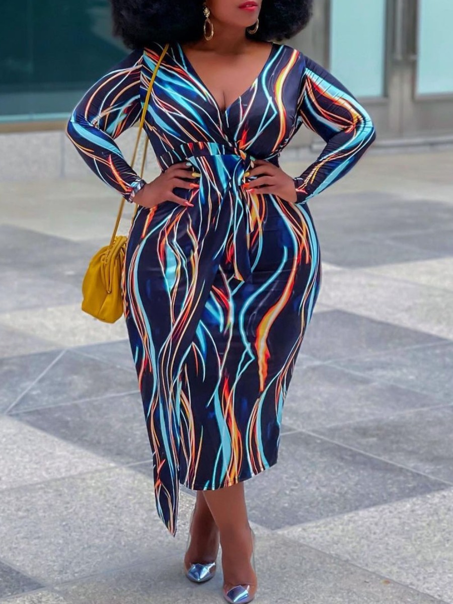 

LW BASICS Plus Size Wavy Striped Wrap Dress, Blue