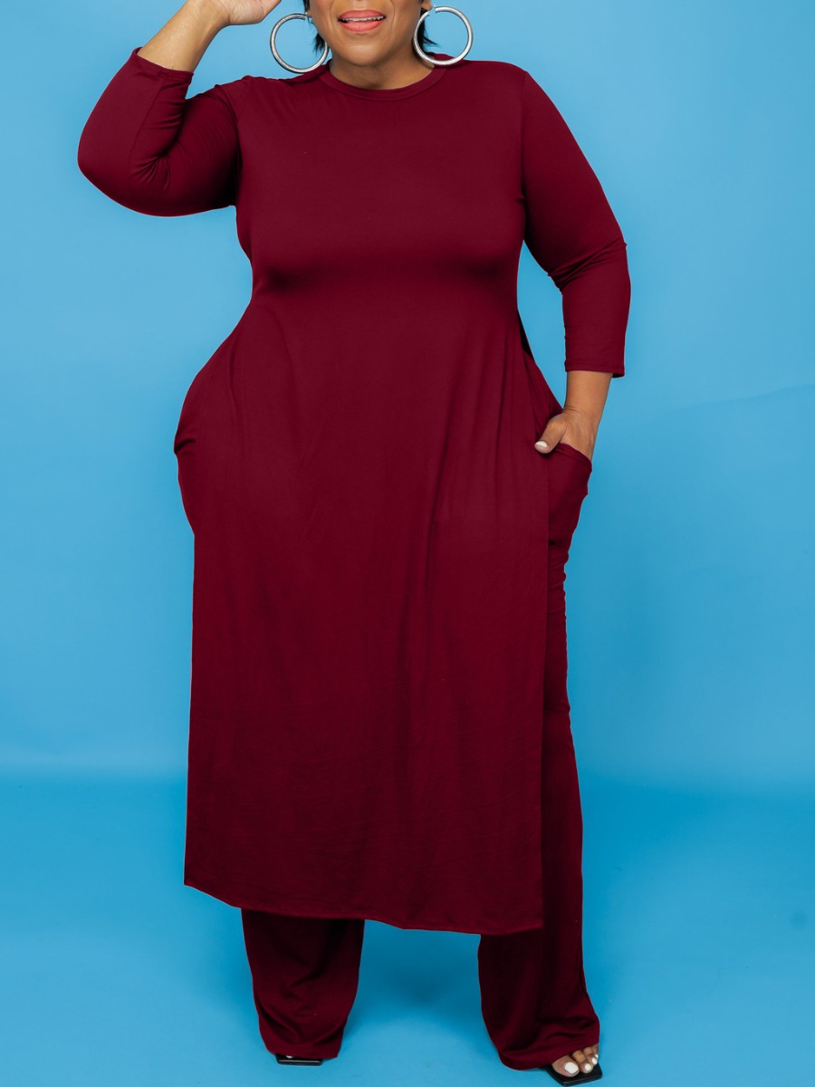 

LW BASICS Plus Size Round Neck Side Split Pants Set, Wine red