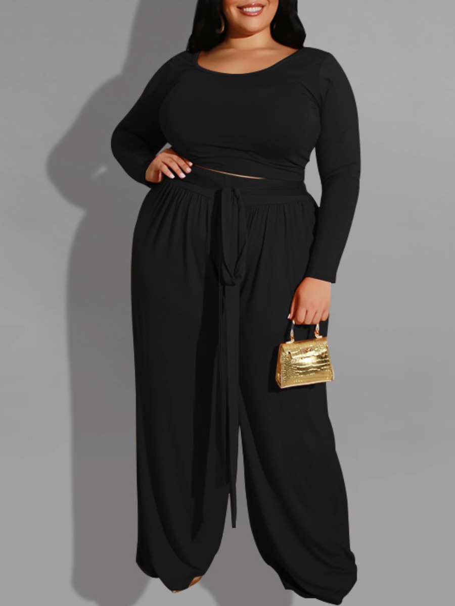 

LW BASICS Plus Size Round Neck Wide Leg Pants Set, Carbon black