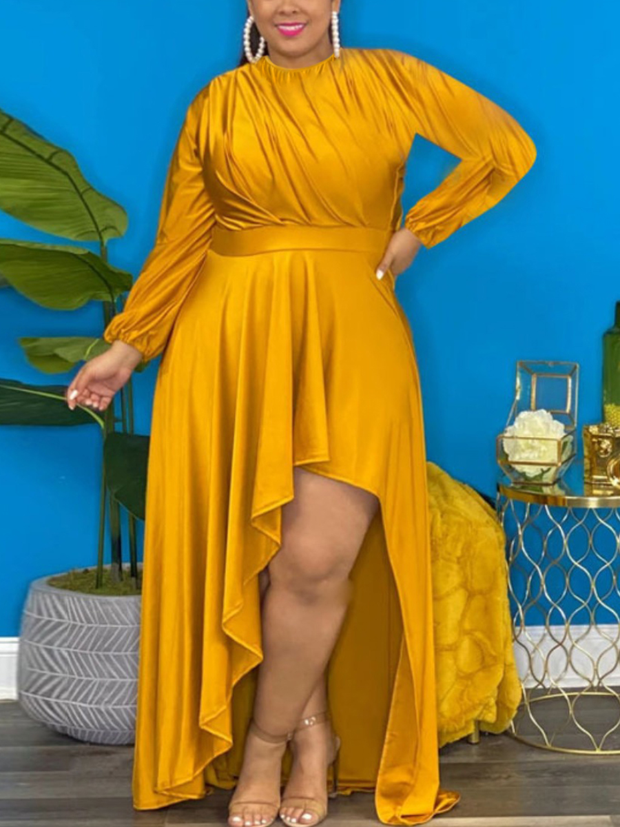 

LW Plus Size Round Neck Fold Design Dress, Gold