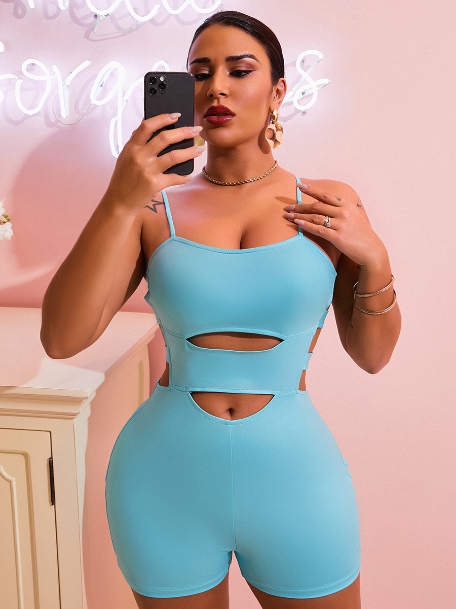 

LW SXY Faux Leather Cut Out Skinny Romper, Blue