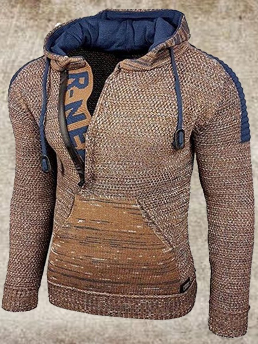 

LW Men Hooded Collar Letter Print Sweater, Brown