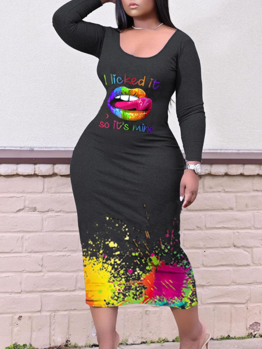 

LW Plus Size Splash-ink Lip Print Bodycon Dress, Black
