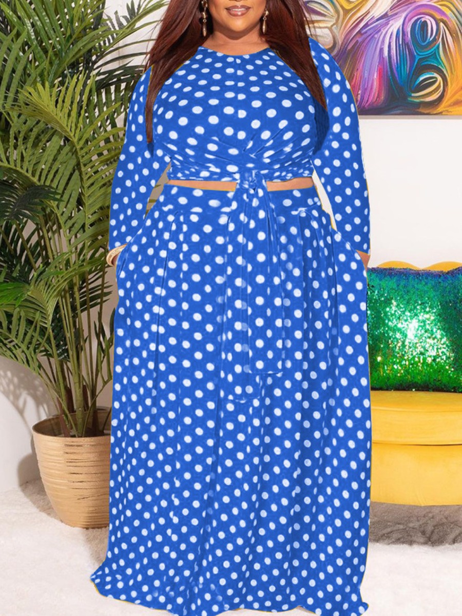 

LW Plus Size Dot Print Bandage Design Skirt Set, Blue
