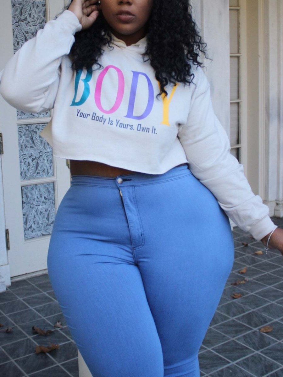 

LW Plus Size Letter Print Crop Top Hoodie, White