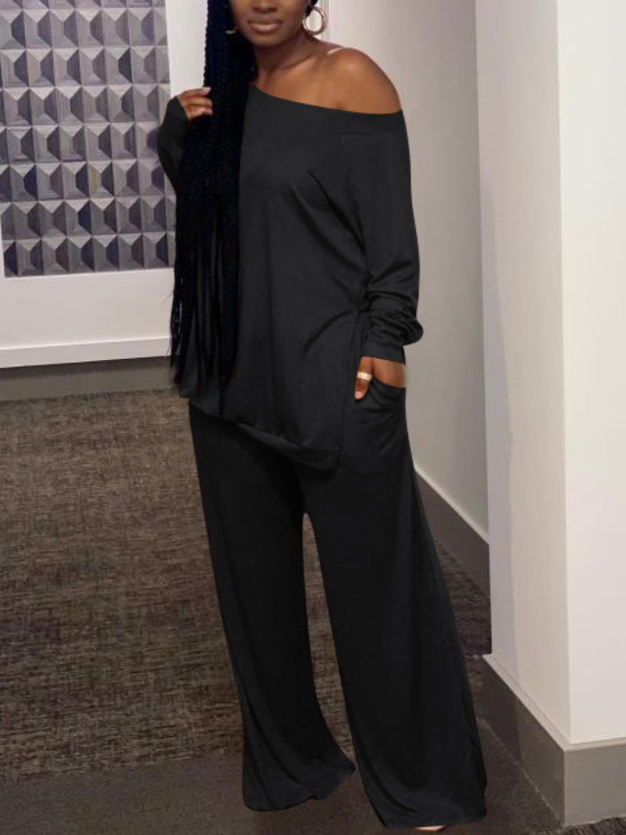 

LW BASICS Plus Size Side Slit Loose Pants Set, Black