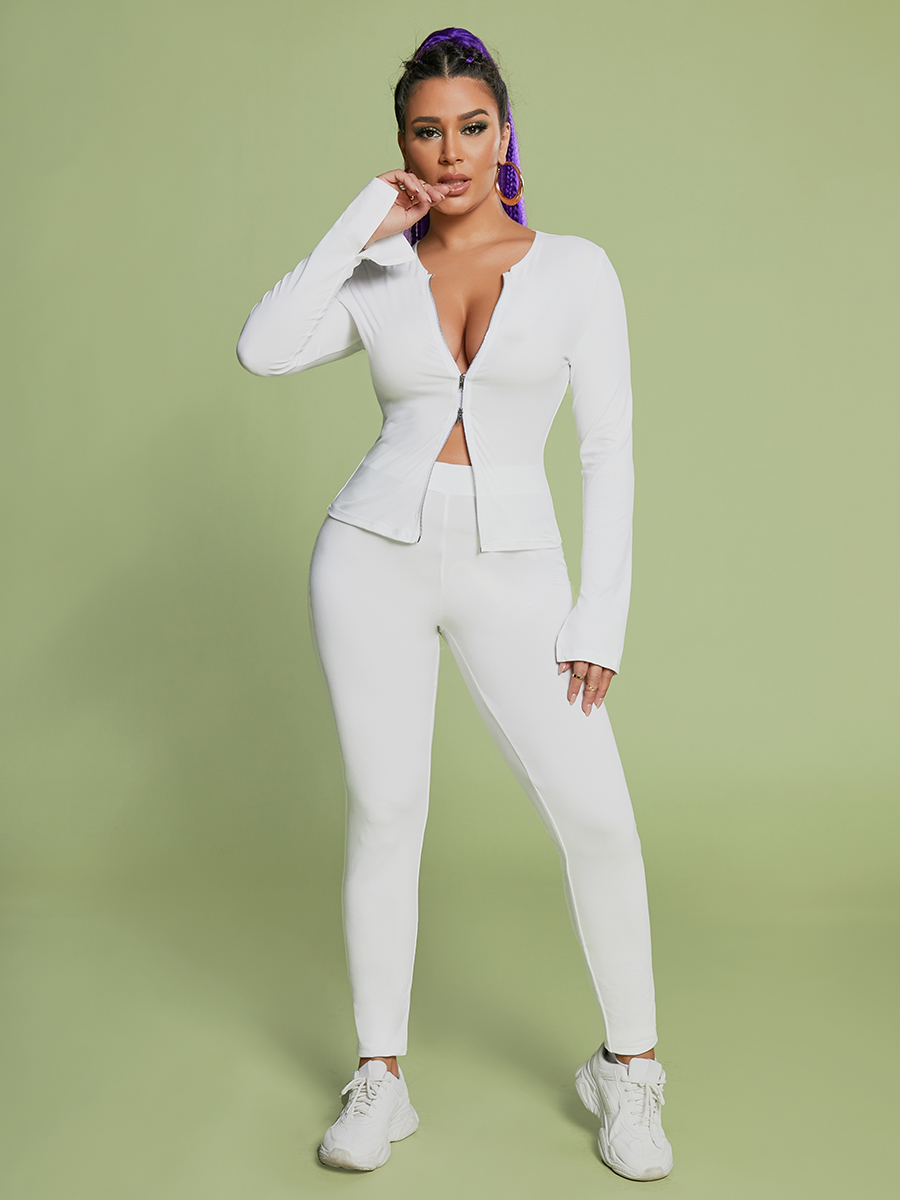 

LW Zipper Design Skinny Two Piece Pants Set, White