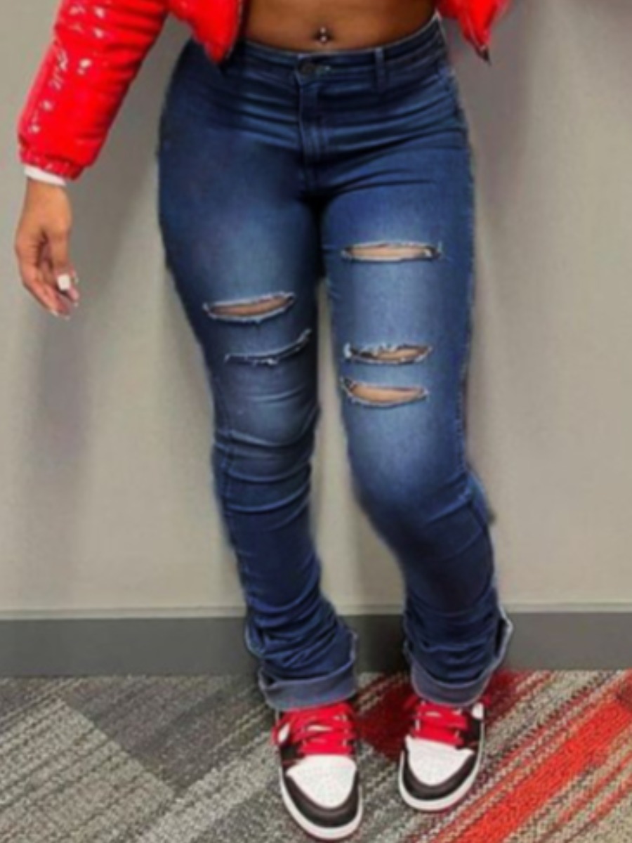

LW Mid Waist Ripped Jeans, Deep blue