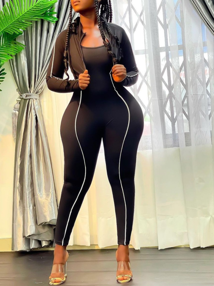 

LW Turtleneck Striped Jumpsuit Set, Black