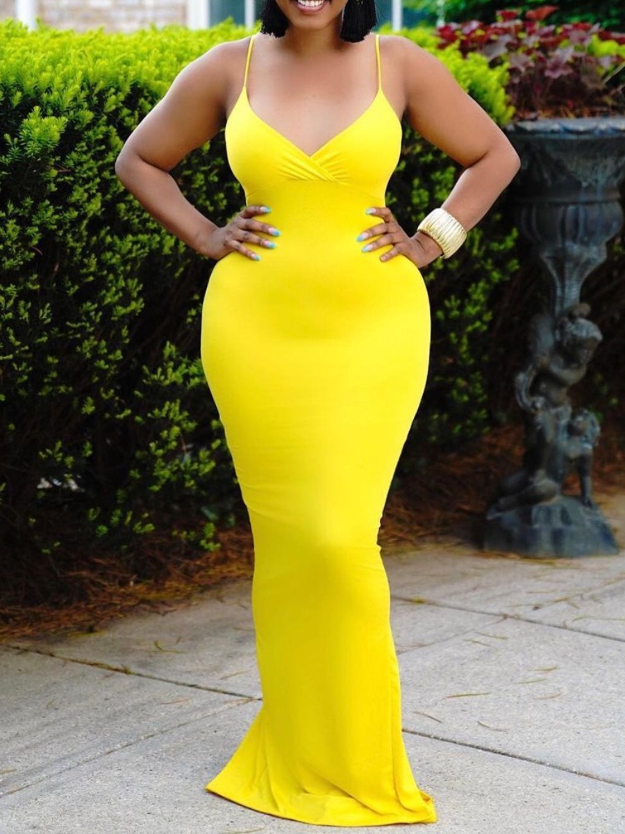

LW Fish-tail Slit Cami Prom Dress, Yellow