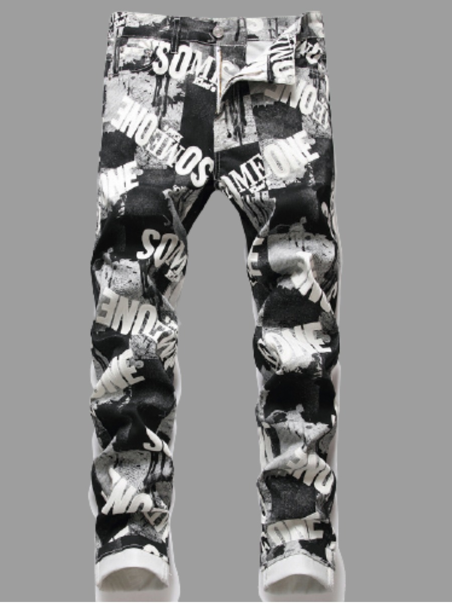 

LW Men Letter Print Patchwork Jeans, Black