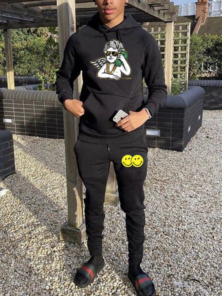

LW Men Hooded Collar Cartoon Print Pants Set, Black