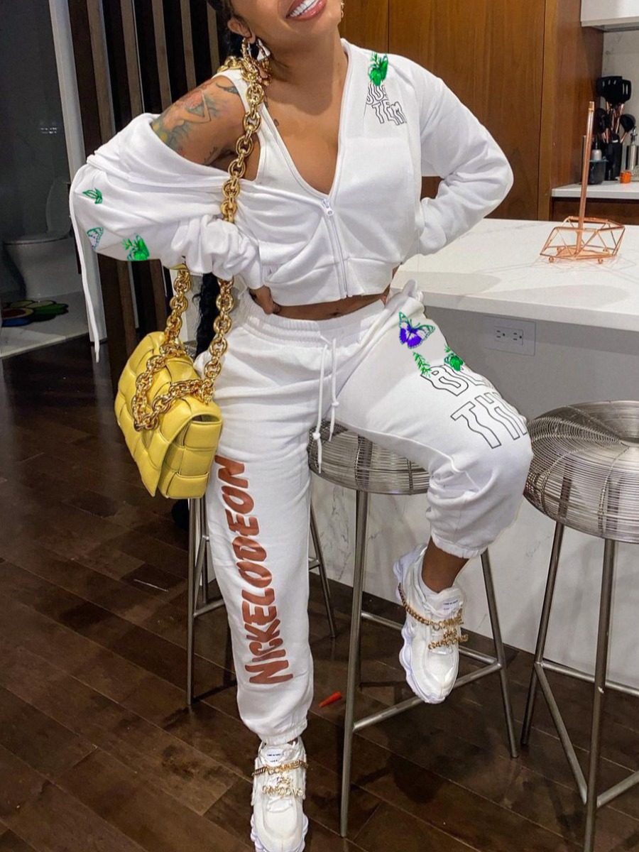 

LW Letter Print Drawstring Pants Set, White