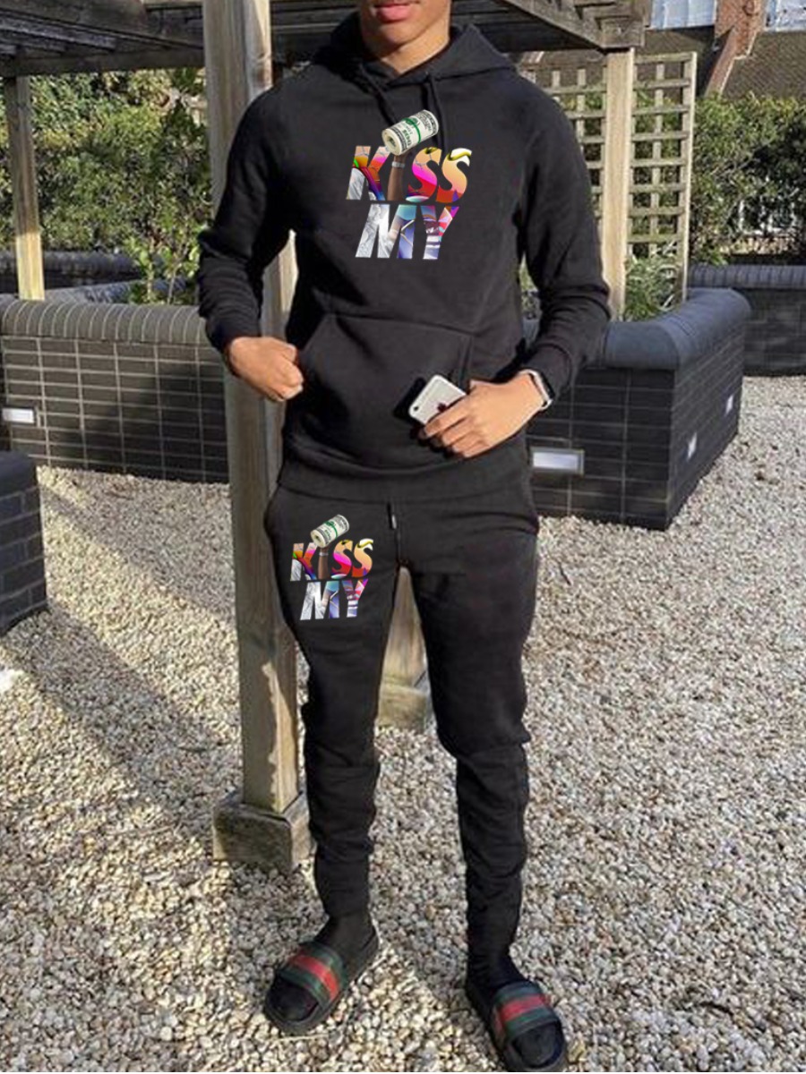 

LW Men Letter Print Kangaroo Pocket Pants Set, Black