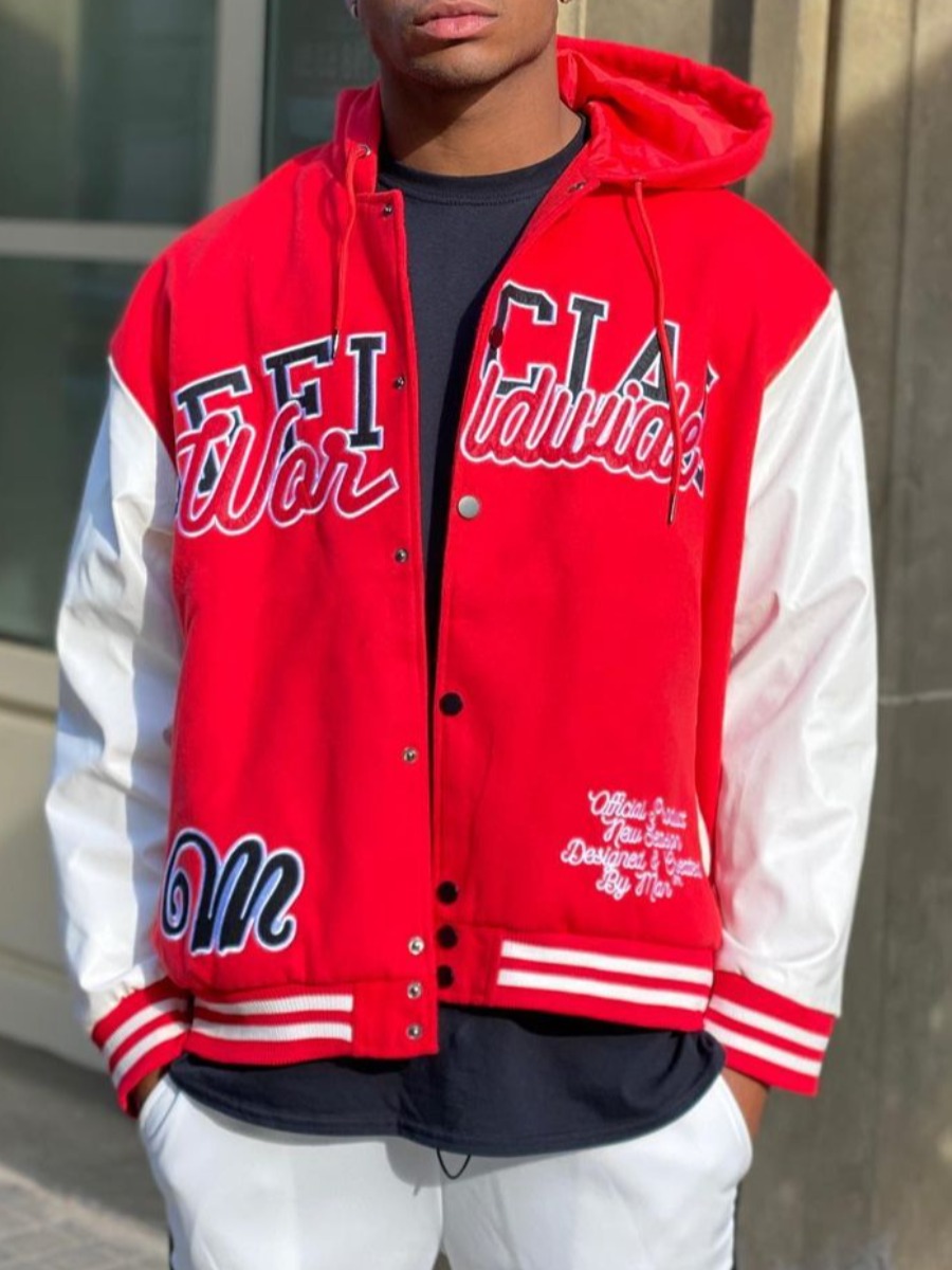 

LW Men Letter Print Striped Jacket, Red