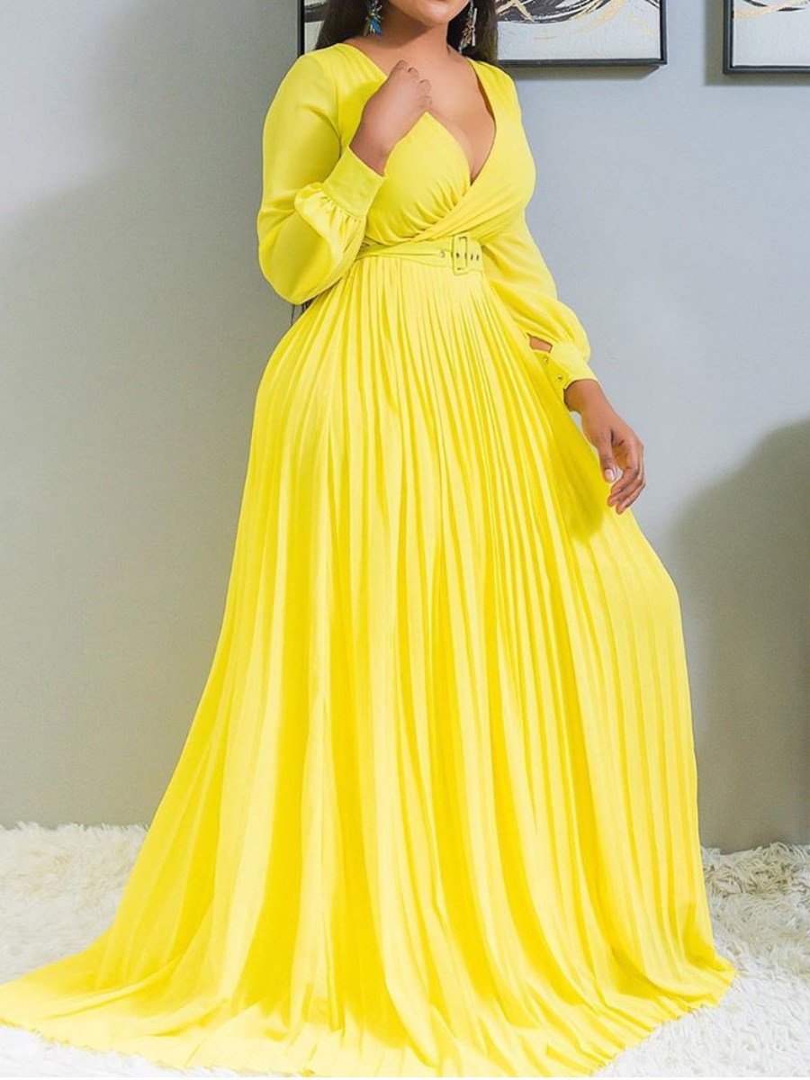 

LW Pleated Belt Design A Line Prom Dress (Without Belt), Yellow