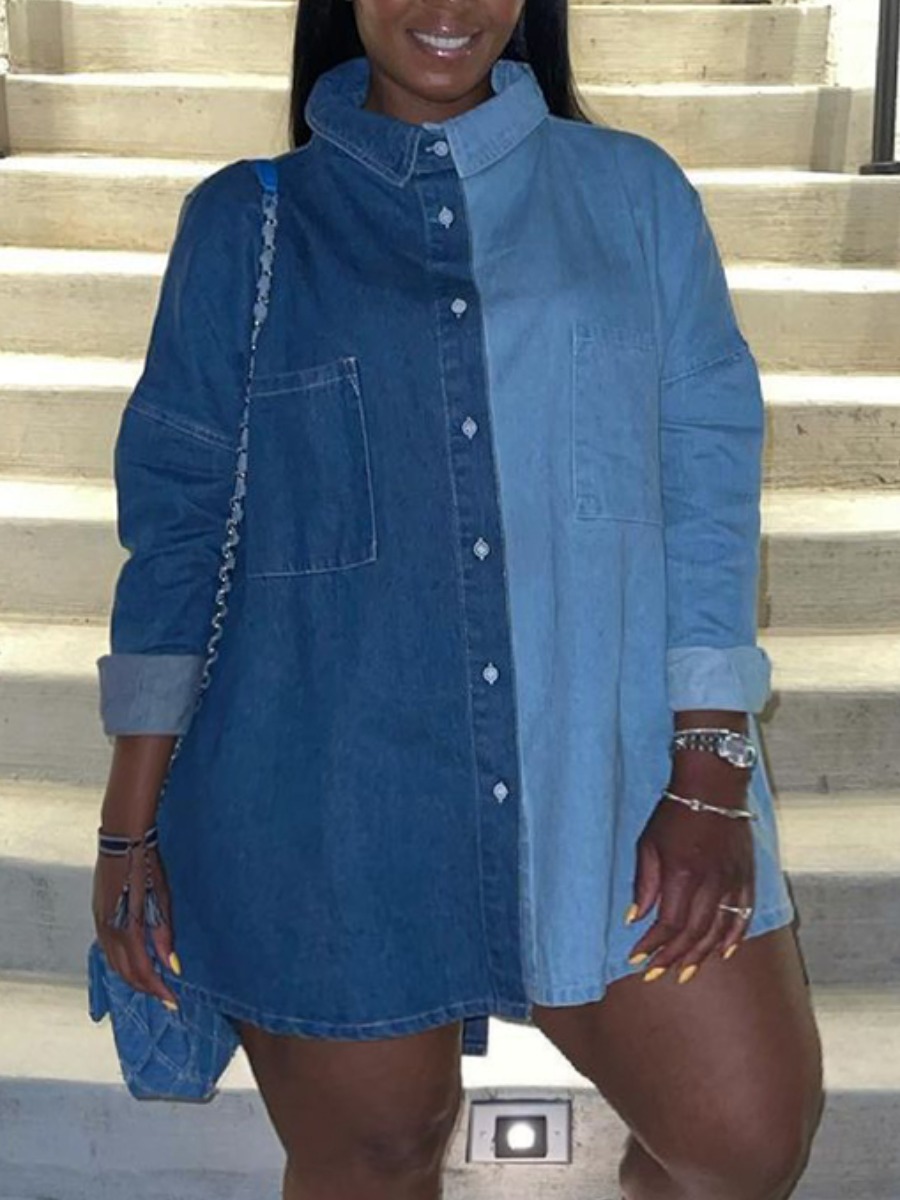 

LW Plus Size Dropped Shoulder Patchwork Denim Jacket, Baby blue