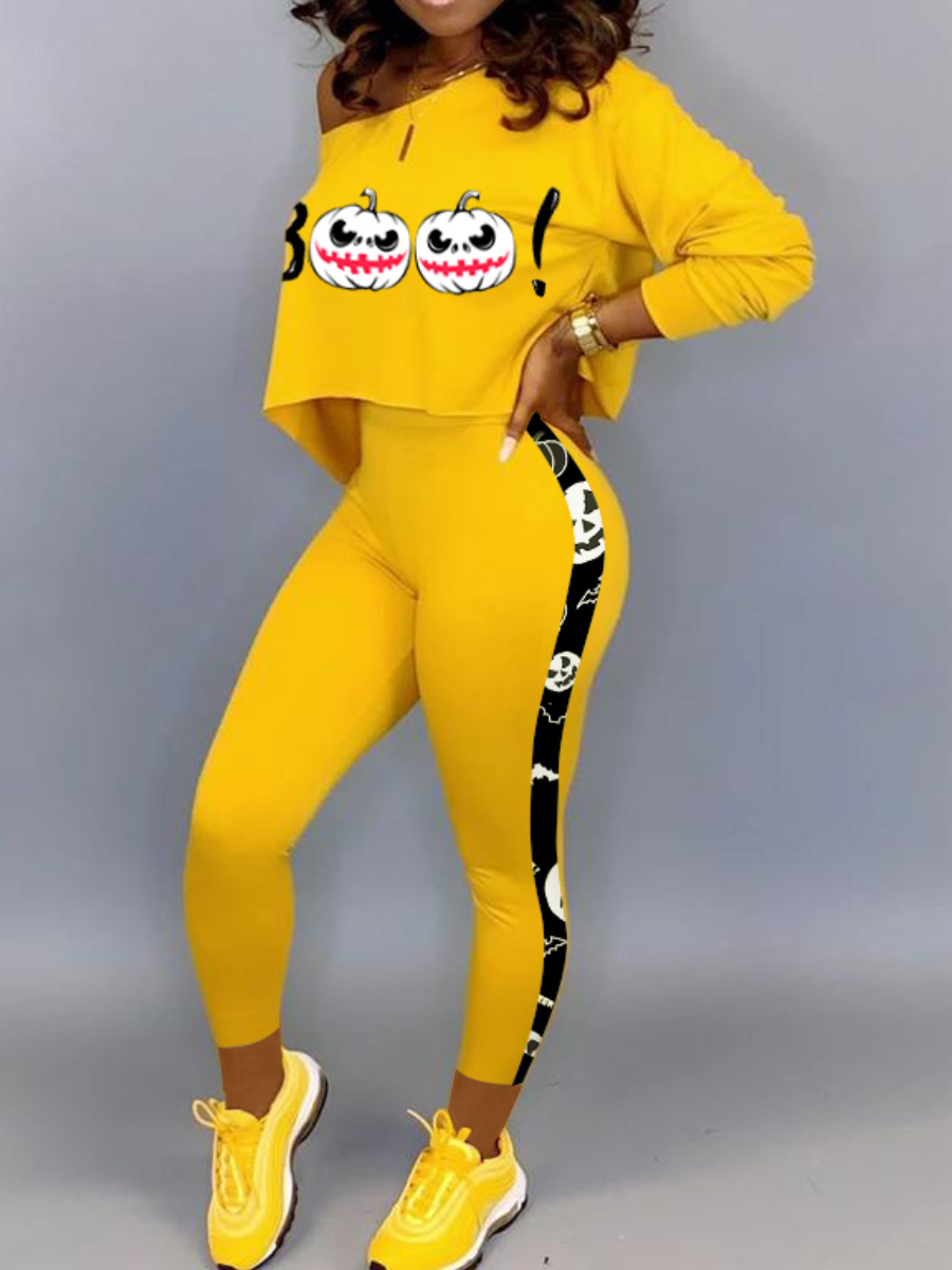 

LW Cartoon Print Striped Pants Set, Yellow