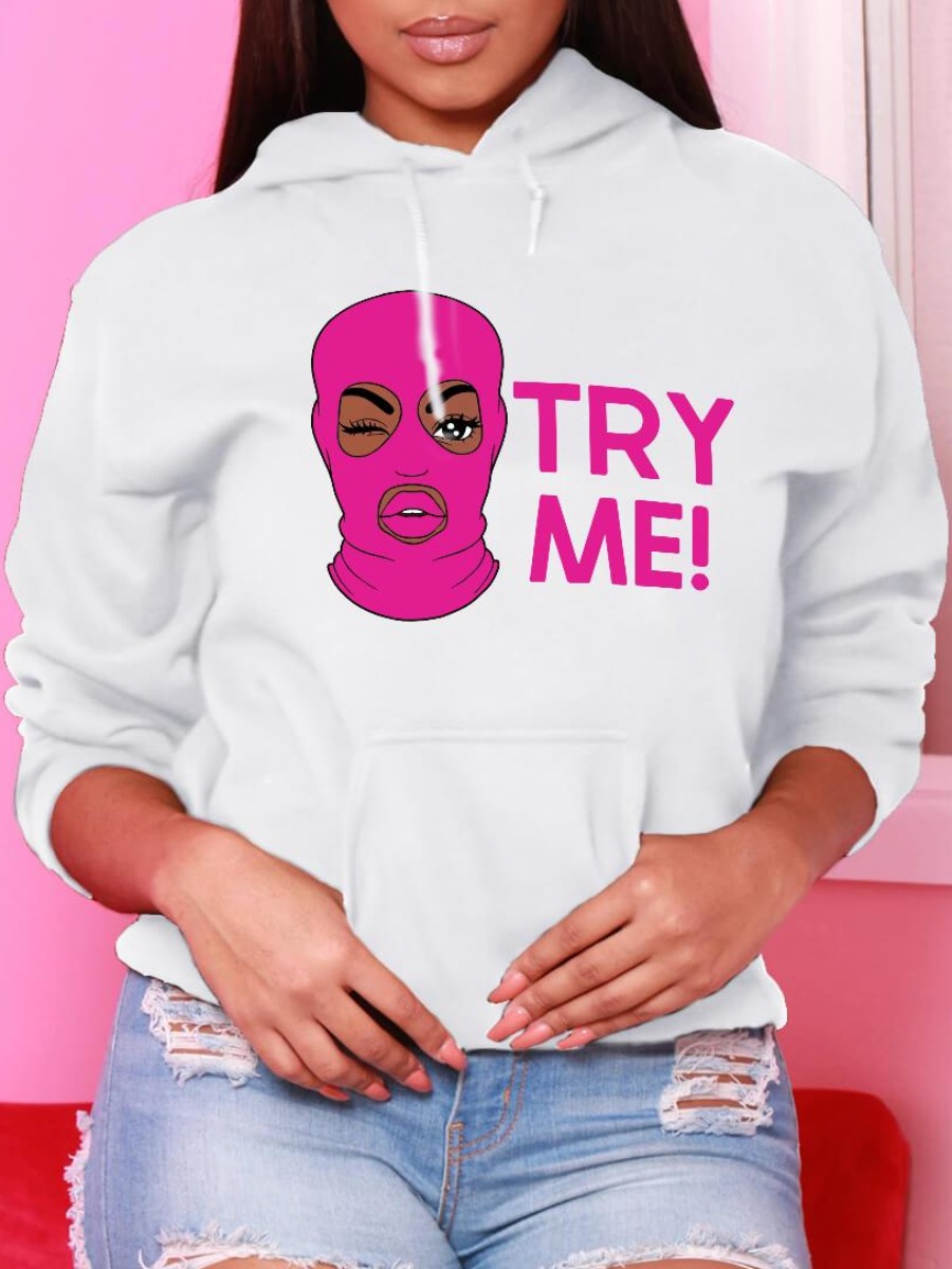 

LW Masked Face Letter Print Hoodie, White