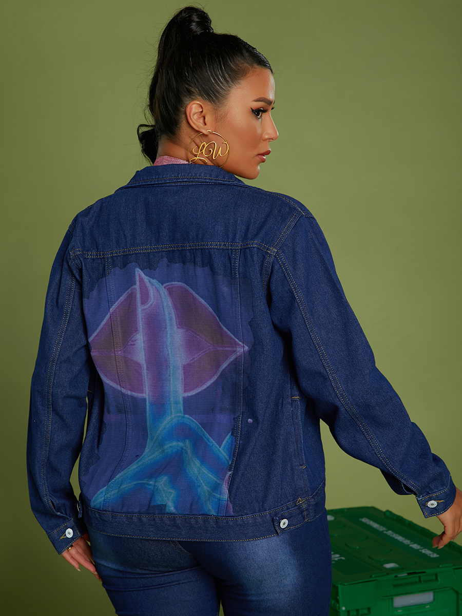 

LW Lip Print Ripped Denim Jacket, Blue