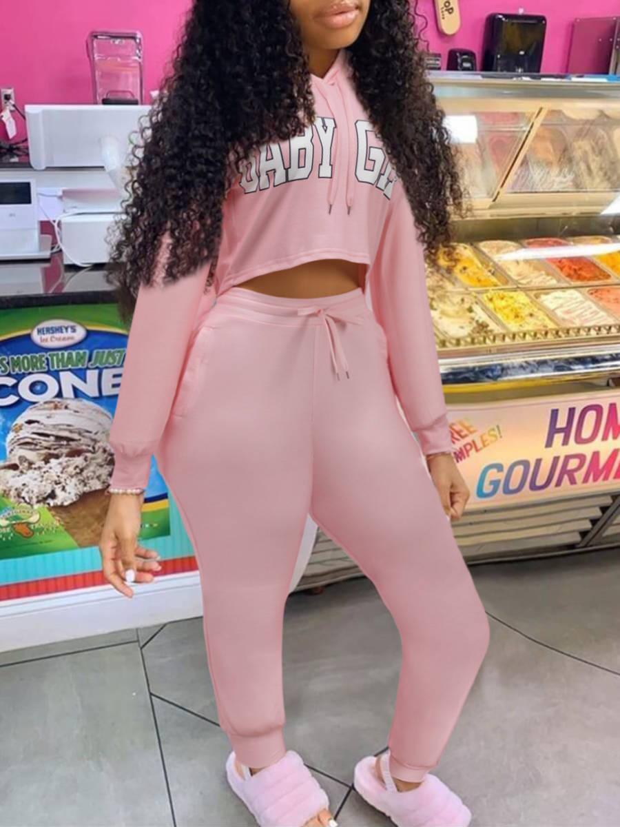 LW Letter Print Drawstring Tracksuit Set