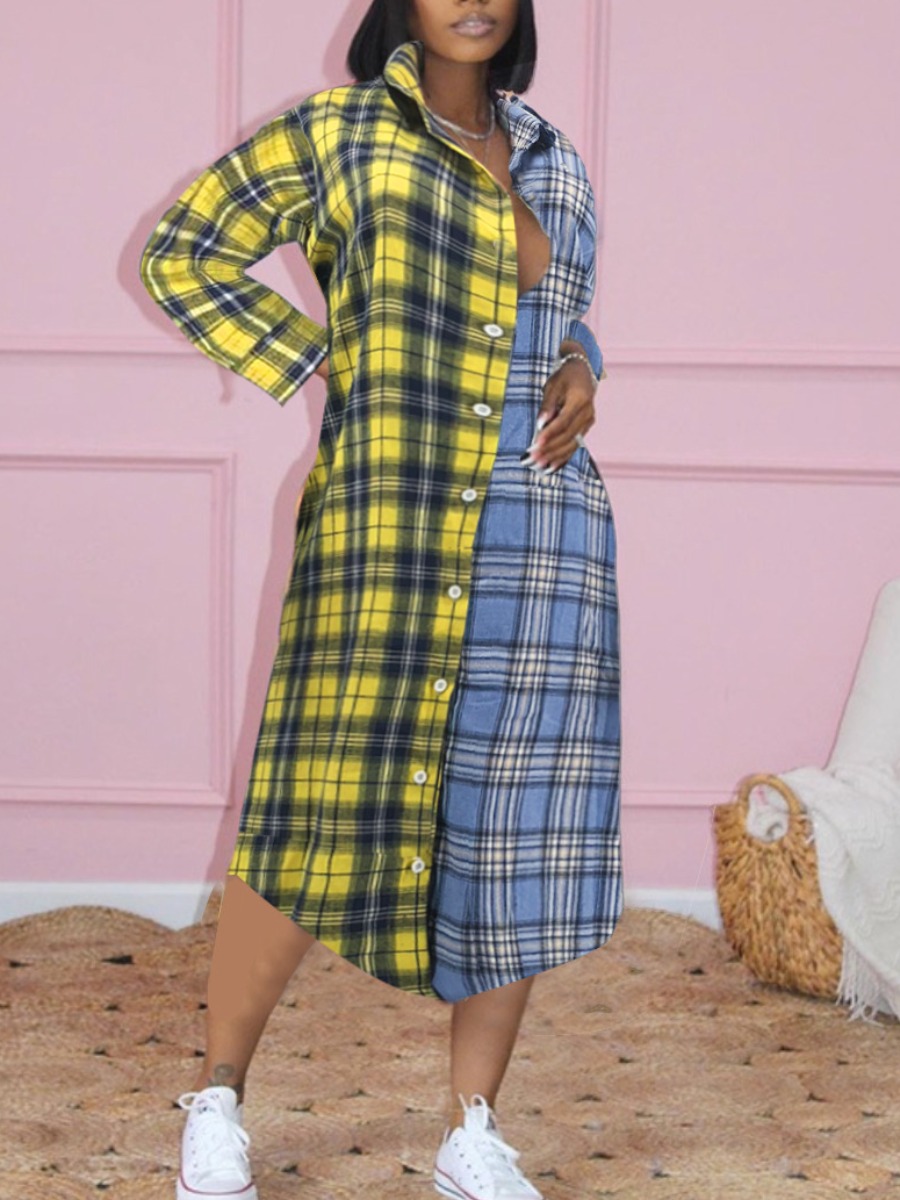 

LW Plaid Print Patchwork Shirt Dress, Blue