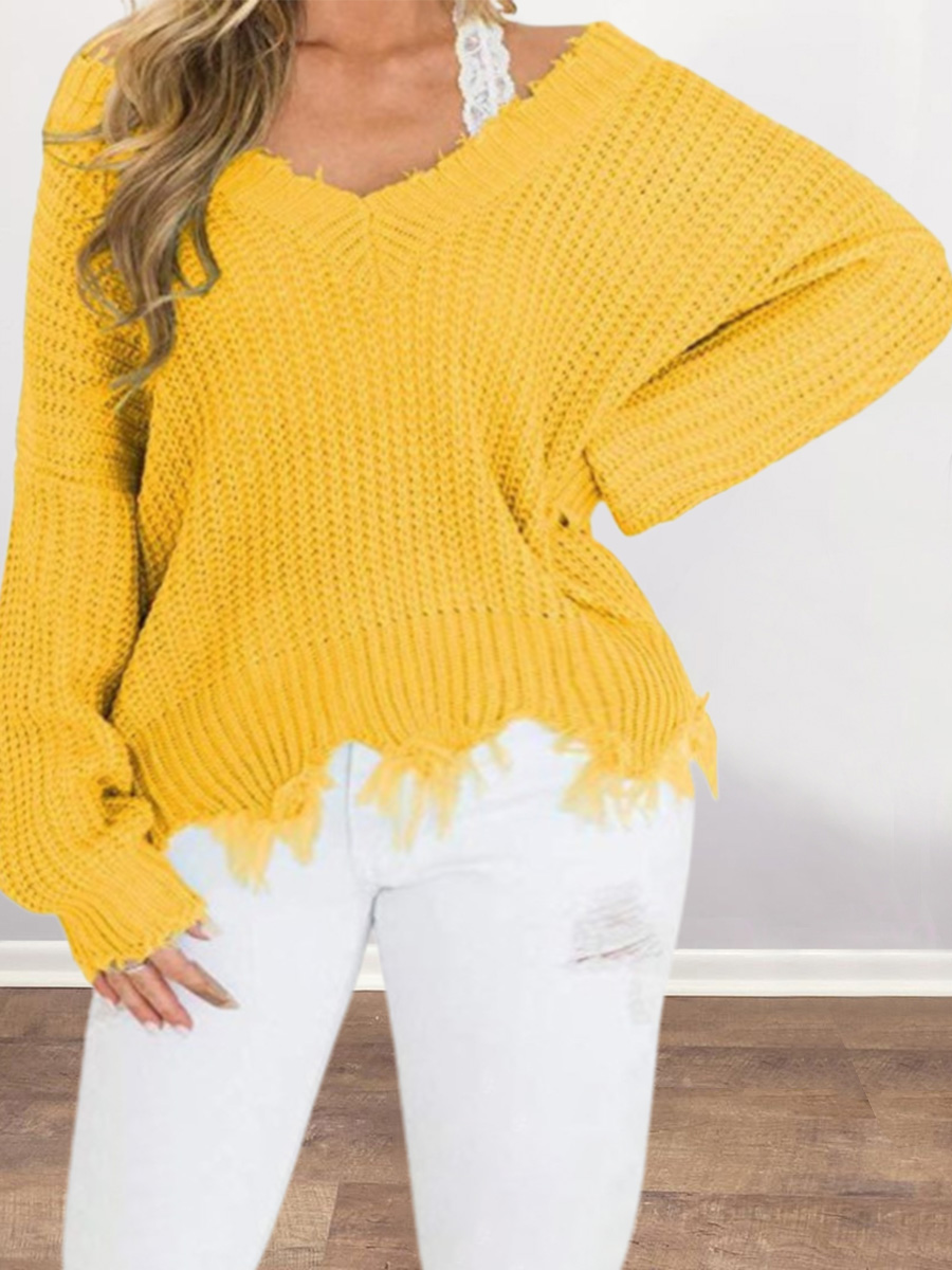 

LW Plus Size V Neck Raw Edge Sweater, Yellow