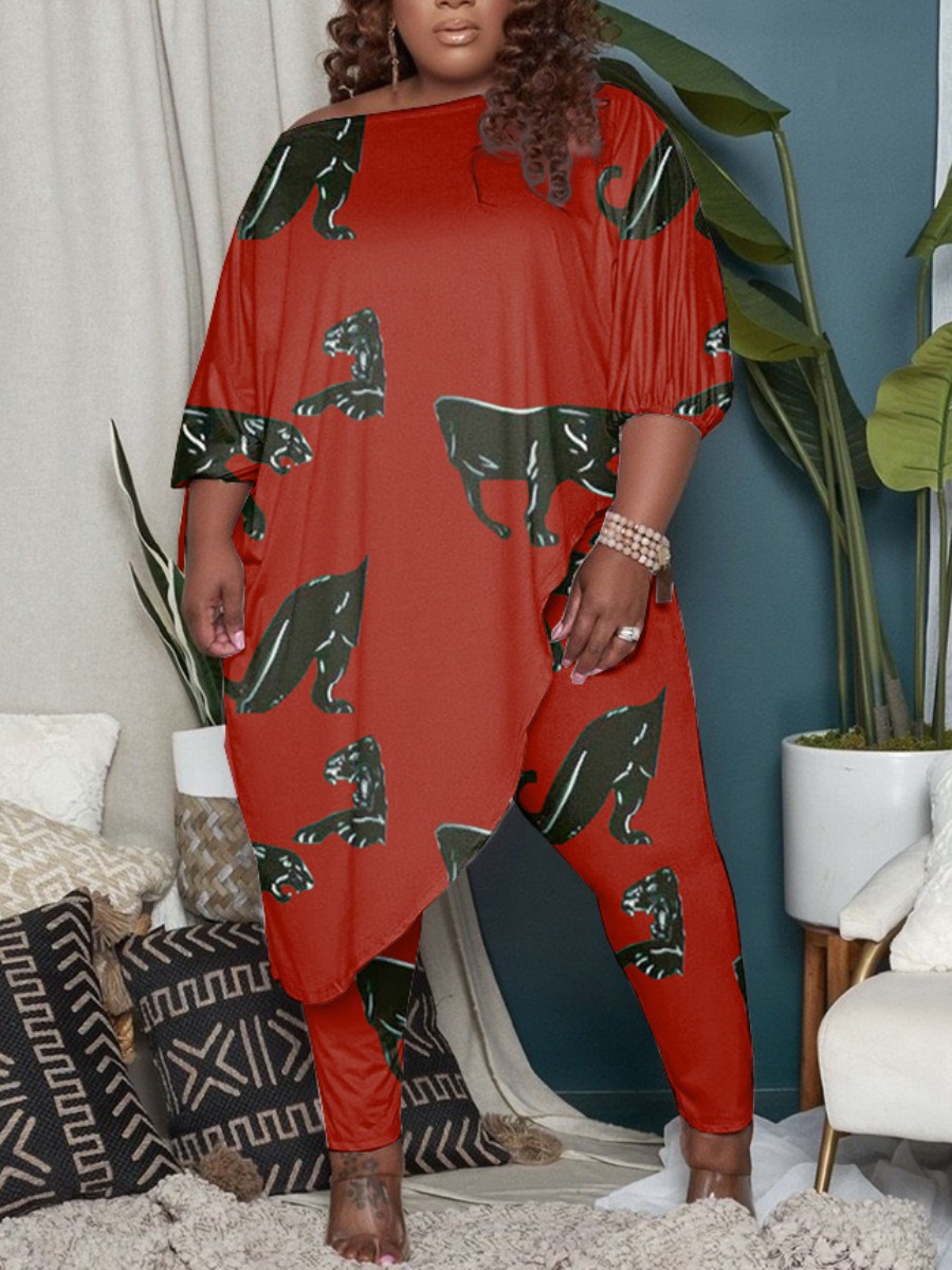 

LW Plus Size Lion Print Asymmetrical Pants Set, Wine red