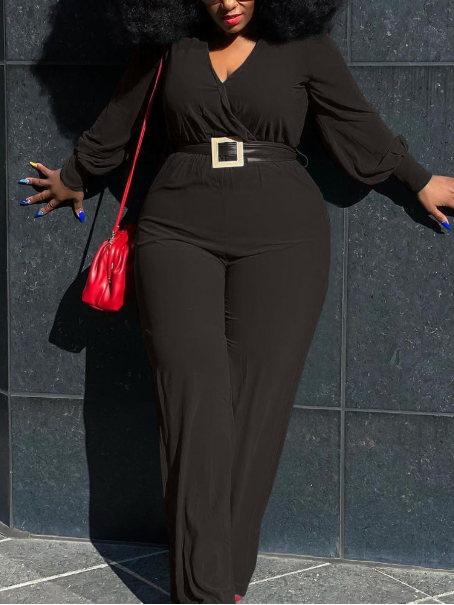 

LW Plus Size V Neck Wide Leg Jumpsuit (With Belt), Black