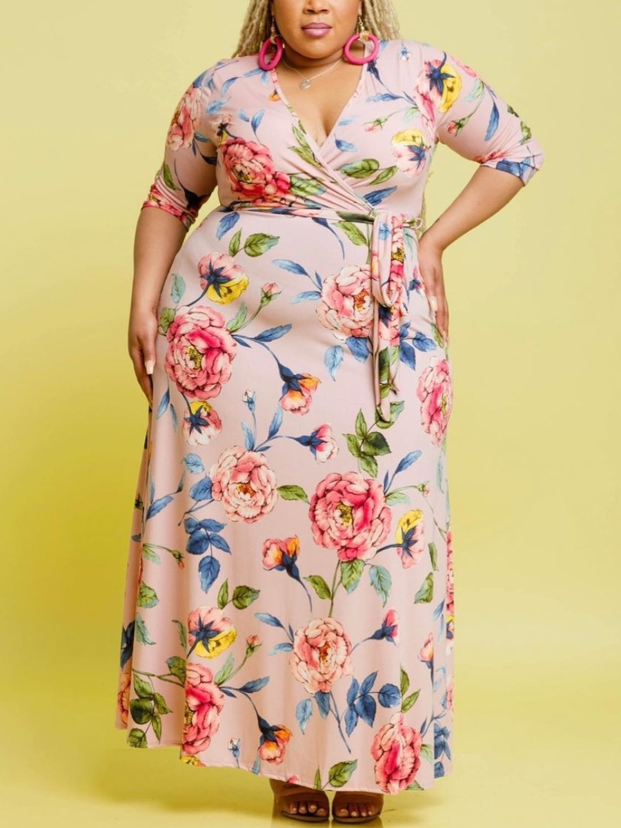 

LW Plus Size V Neck Floral Print Dress, Light pink