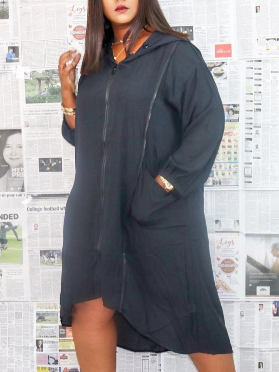 

LW Plus Size Hooded Collar Zipper Design Dress, Black