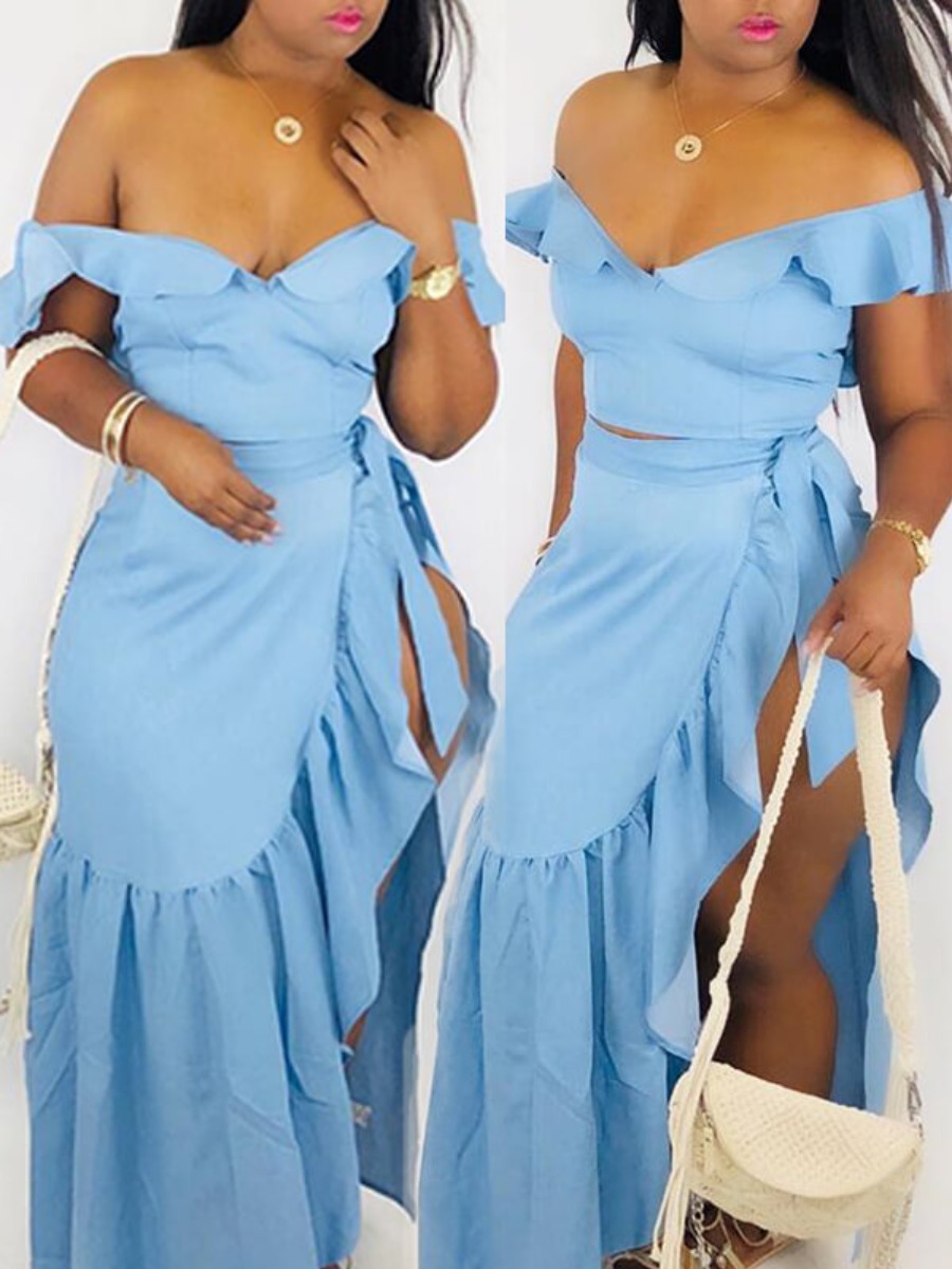 

LW COTTON Sexy Ruffle Design Side Split Babyblue Two-piece Skirt Set, Baby blue