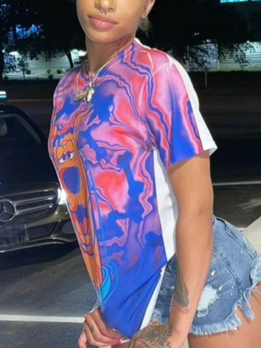 

LW Cartoon Print Tie-dye T-shirt, Purple