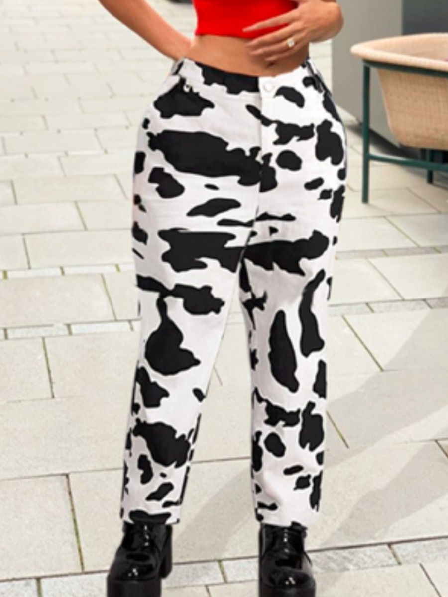 

LW Mid Waist Cow Print Jeans (No Stretch), Black