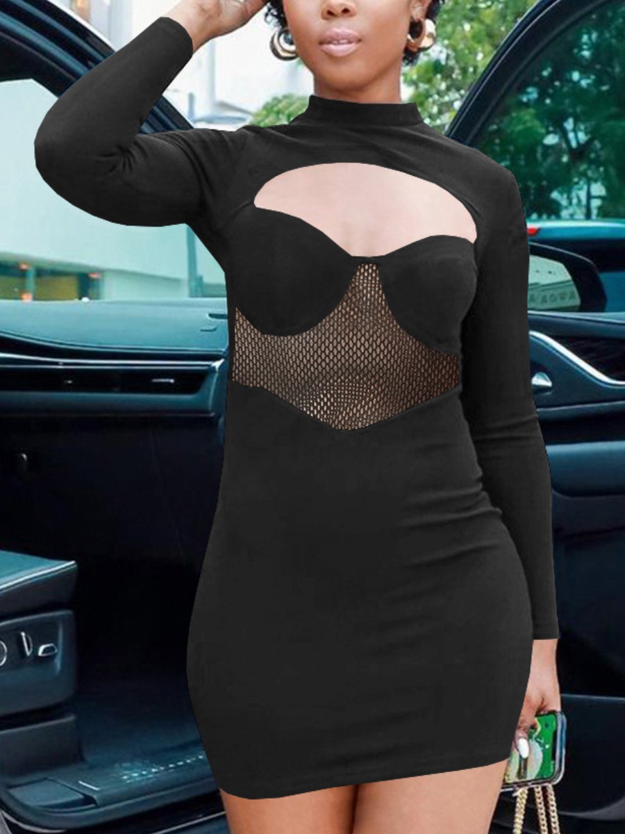 

LW SXY Half A Turtleneck Hollow-out Bodycon Dress, Black