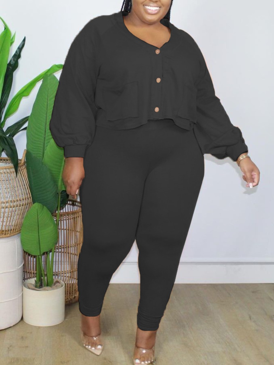 

LW Plus Size Pocket Button Design Pants Set, Black