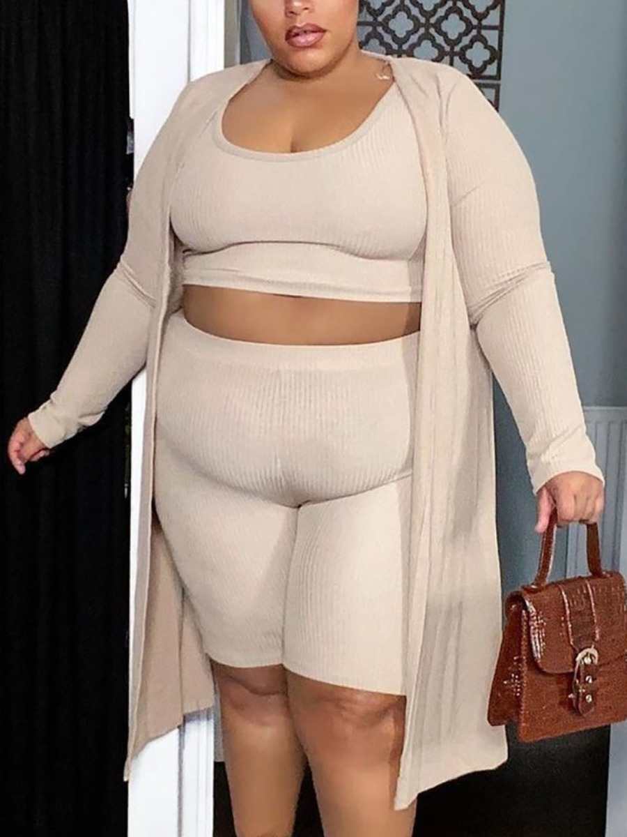 

LW BASICS Plus Size U Neck Rib-Knit Three-piece Shorts Set, Apricot